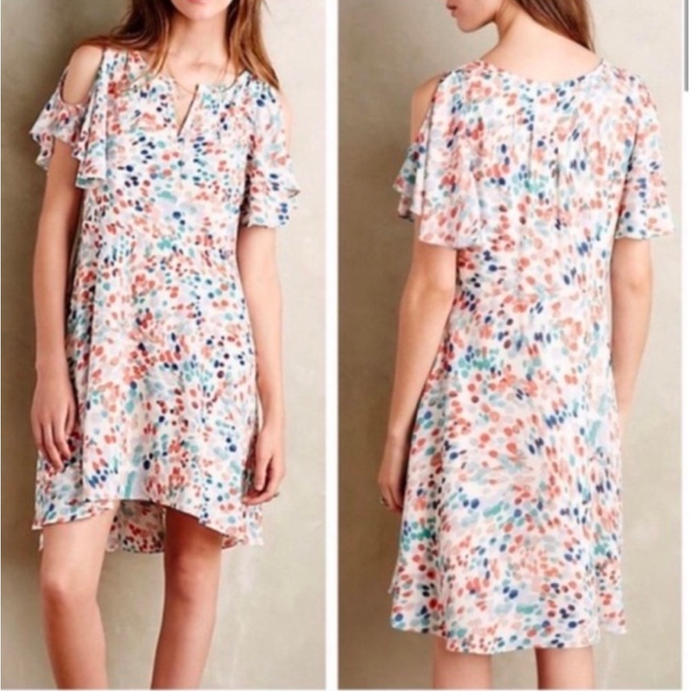 Anthropologie Maeve Flutter Sleeve High Low Dress Watercolor Dot Size‎ Small - Picture 2 of 13
